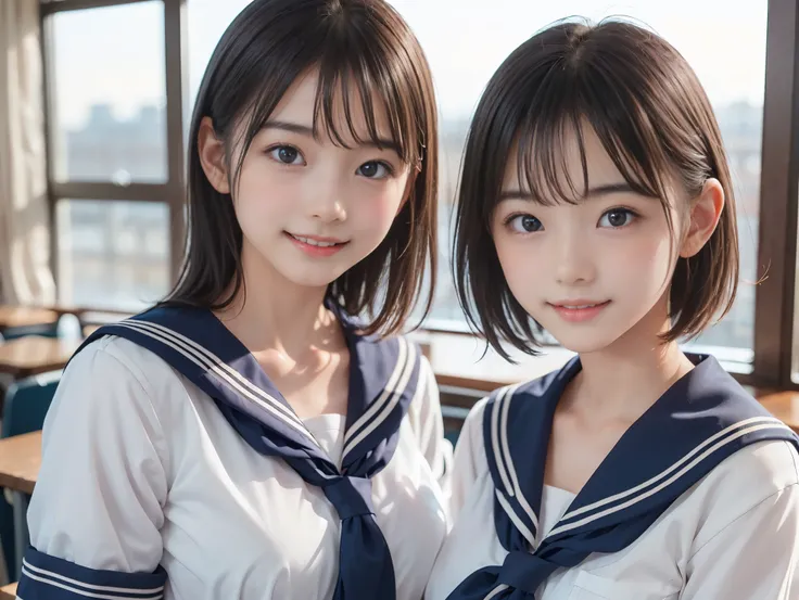 ((Two girls standing side by side)), ((sailor suit)), (two girls), (((The girl on the left has big breasts, The girl on the right has small breasts:1.4, The girl on the left has short hair, The girl on the right has long hair, The girl on the left has a co...