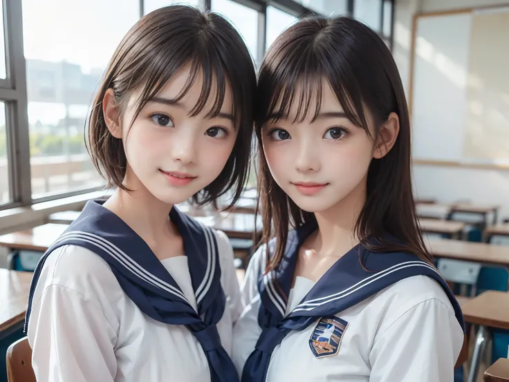 ((Two girls standing side by side)), ((sailor suit)), (two girls), (((The girl on the left has big breasts, The girl on the right has small breasts:1.5, The girl on the left has short hair, The girl on the right has long hair, The girl on the left has a co...