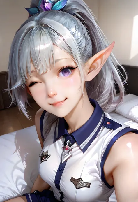 ultra detailed realistic elf miya half body, silver hair, purple eyes, white tanktop uniform, background, ray tracing, ponytail hair, sitting on the bed, cute face, wink expression selfie