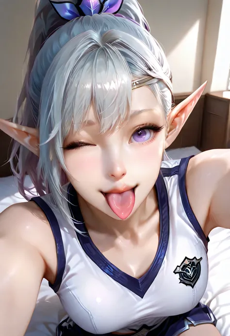 ultra detailed realistic elf miya half body, silver hair, purple eyes, white tanktop uniform, background, ray tracing, ponytail hair, sitting on the bed, cute face, wink expression selfie tongue out little 