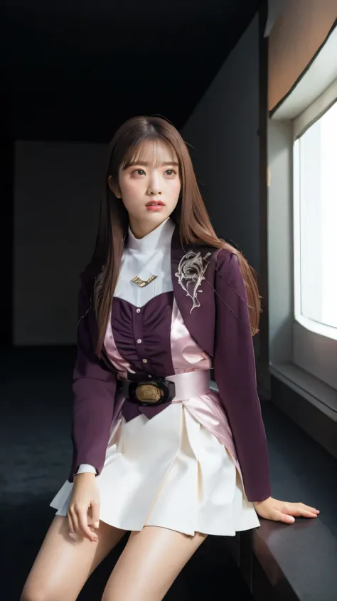 ( 高精細CG),( Top Quality ),((frontal view)),((Composition showing the upper body)),((black room background with no lights)),(( 1girl )), Close, shiny skin ,wide hips , thin waist with cloudy white in the mouth, purple bolero jacket,((white skirt)),long sle...