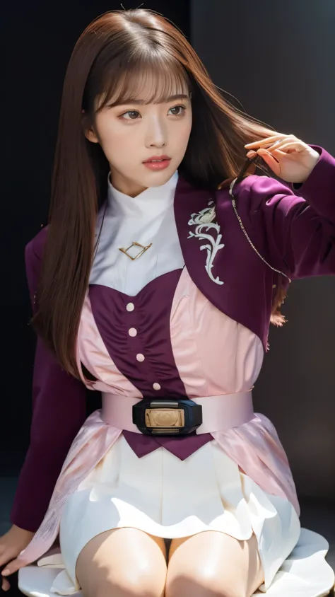 ( 高精細CG),( Top Quality ),((frontal view)),((Composition showing the upper body)),((black room background with no lights)),(( 1girl )), Close, shiny skin ,wide hips , thin waist with cloudy white in the mouth, purple bolero jacket,((white skirt)),long sle...