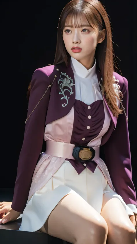 ( 高精細CG),( best quality ),((frontal view)),((Composition showing the upper body)),((black room background with no lights)),(( 1girl )), Close, shiny skin ,wide hips , thin waist with cloudy white in the mouth, purple bolero jacket,((white skirt)),long sl...