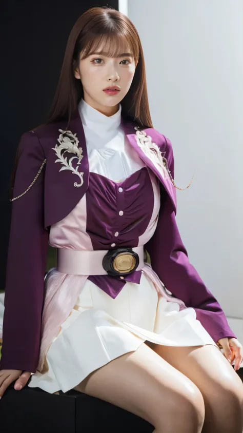 ( 高精細CG),( best quality ),((frontal view)),((Composition showing the upper body)),((black room background with no lights)),(( 1girl )), Close, shiny skin ,wide hips , thin waist with cloudy white in the mouth, purple bolero jacket,((white skirt)),long sl...