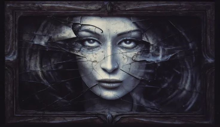 the reflection of a beautiful female face in a cracked mirror. horror
