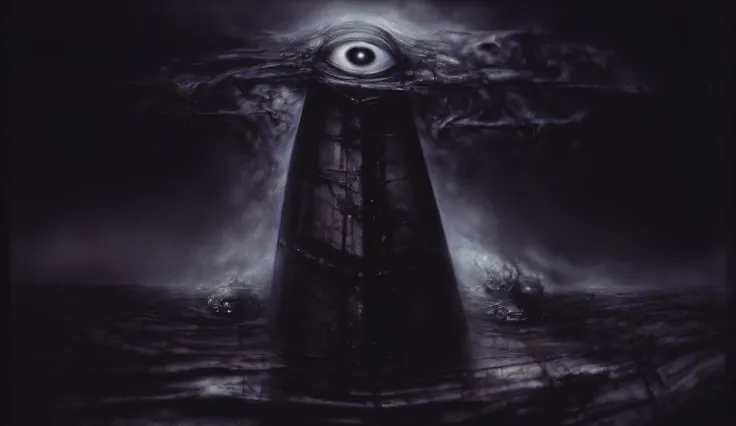 A black spire from which black streams emanate. There is a human eye on top of it. Horror