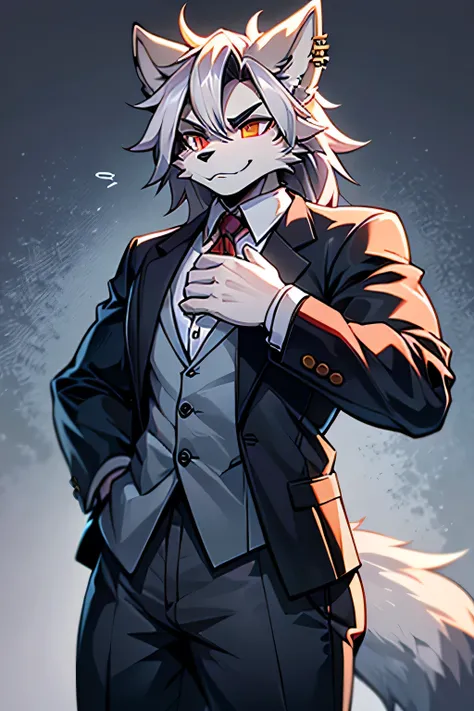 "A tall, handsome gray wolf standing upright with human-like characteristics, dressed in smart casual attire. The wolf has a balanced, very muscular physique, exuding confidence and authority. His silvery-gray fur has subtle dark and light accents, neatly ...