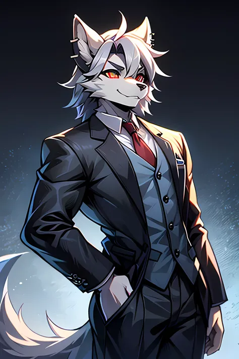 "A tall, handsome gray wolf standing upright with human-like characteristics, dressed in smart casual attire. The wolf has a balanced, very muscular physique, exuding confidence and authority. His silvery-gray fur has subtle dark and light accents, neatly ...