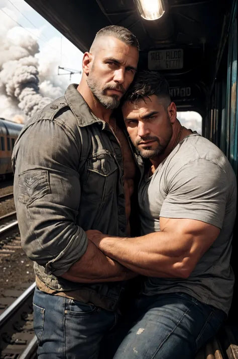 Score_9, score_8_up, score_7_up, with silver military undercut hair, facial hair, muscular body, a digital painting captures two men in seductive postures. .Both men hugged each other tightly. The background is vibrant, adding color to the scene..(detailed...