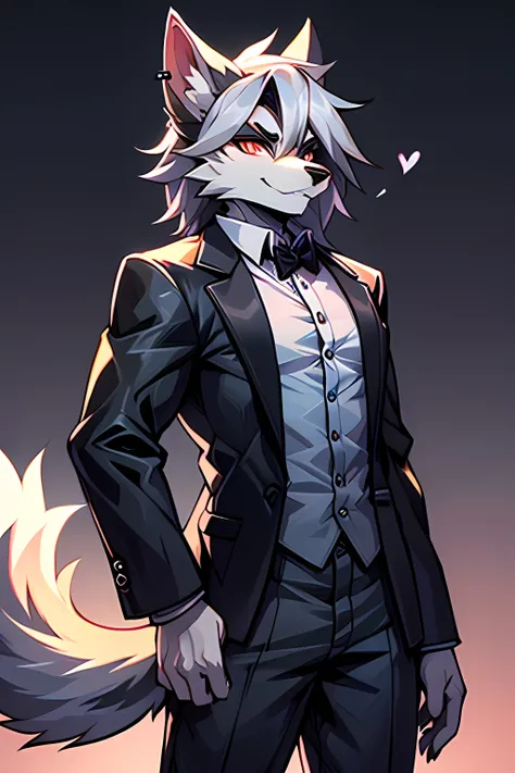 "A tall, handsome gray wolf standing upright with human-like characteristics, dressed in smart casual attire. The wolf has a balanced, very muscular physique, exuding confidence and authority. His silvery-gray fur has subtle dark and light accents, neatly ...