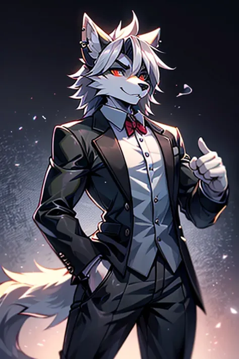 "A tall, handsome gray wolf standing upright with human-like characteristics, dressed in smart casual attire. The wolf has a balanced, very muscular physique, exuding confidence and authority. His silvery-gray fur has subtle dark and light accents, neatly ...