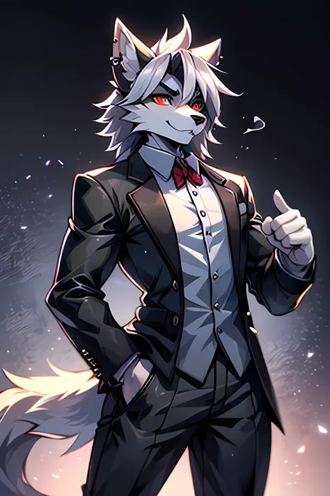 "A tall, handsome gray wolf standing upright with human-like characteristics, dressed in smart casual attire. The wolf has a balanced, very muscular physique, exuding confidence and authority. His silvery-gray fur has subtle dark and light accents, neatly ...