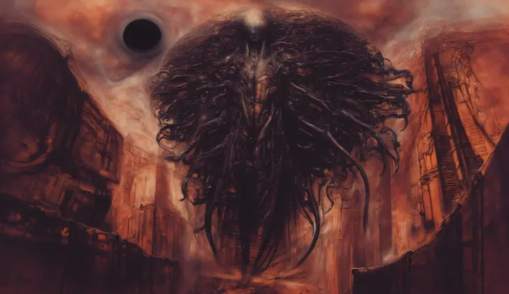 A huge human among the skyscrapers. The decomposes into hundreds of black mechanical tentacles. rusty lighting. the rusty sky. The black sun. horror