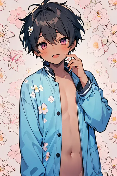 ((1-boy :1.5)),(( adult male:1.0)),black hair,(very short hair:1.0),(odd-eyes:0.85),((Kirakira eyes :1.0)),(looking viewer:0.8),(looking up:0.5),((kawaii)),((dodge pattern background:0.85)),((hand to own face:1.0)),(open to mouth with smile:1.0),(portrait:...