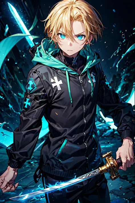 Young ,a black and aqua hoodie with a light blue cross on his chest. And he has Glowing blue eyes with, a sword in his hand, and blonde hair.