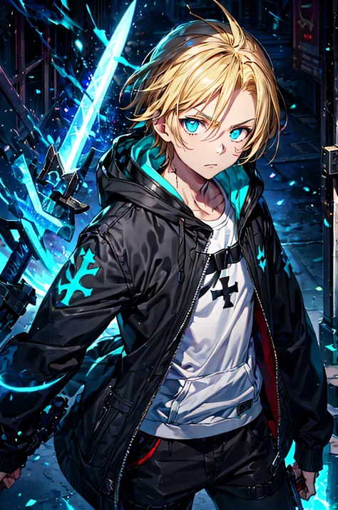 Young ,a black and aqua hoodie with a light blue cross on his chest. And he has Glowing blue eyes with, a sword in his hand, and blonde hair.