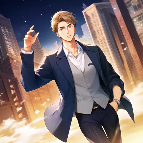 Man in a beautiful suit walking through New York at night、30-year-old male、Have a gentlemanly demeanor、((Reach out to your audience:1.4))、A man in a beautiful suit walking through New York at night who does not hold one hand in his pocket of vowels、Beautif...