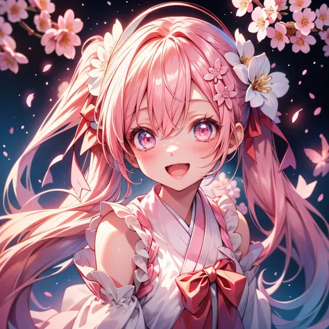 Sakura Miku、smile、 open your mouth 、 light particles、 watching the audience、Look at this、Cherry blossom background