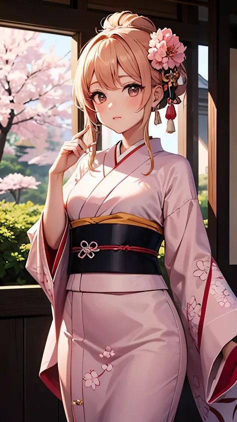 Visualize a serene Japanese garden at twilight, where delicate sakura petals cascade like pink snow. At the center stands an ethereal Sakura Goddess, her form radiating a soft, celestial glow. Her kimono is adorned with intricate floral patterns and flowin...