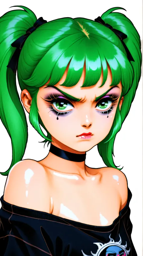 young korean goth girl, off the shoulder tee shirt, portrait, greens, blacks, and whites, slender, white background, green hair, green eyes, annoyed, heavy makeup, shiny skin, 80s, retro, twin tails, punk, choker,