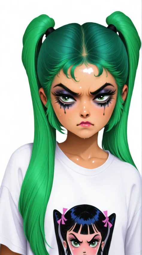 young korean goth girl, over the shoulder tee shirt, portrait, greens, blacks, and whites, chinapunk, slender, karencore, high details, white background, green hair, green eyes, annoyed, heavy makeup, shiny skin, 80s, retro, twin tails, punk