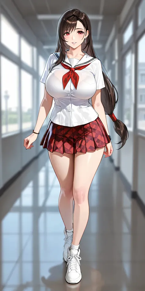 Masterpiece, newest, vibrant, very aesthetic, high contrast, mature woman, defTifa, red eyes, low-tied long hair, earrings, brown hair, pony hair, straight hair, high ponytail long hair, white school uniform, red pleated mini skirt checkered pattern, white...