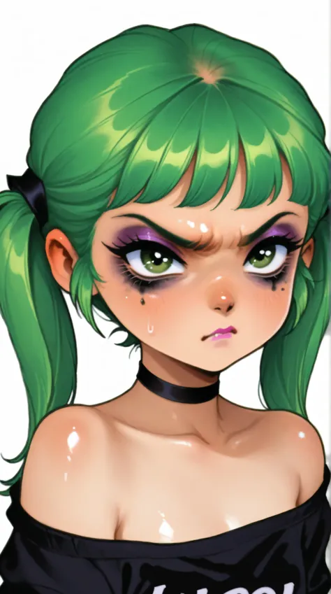 young korean goth girl, snapshot aesthetic, portrait, light black, greens, blacks, and whites, chinapunk, slender, karencore, high details, kizi, clean background, white background, metallics, green hair, green eyes, annoyed, heavy makeup, shiny skin, 80s,...