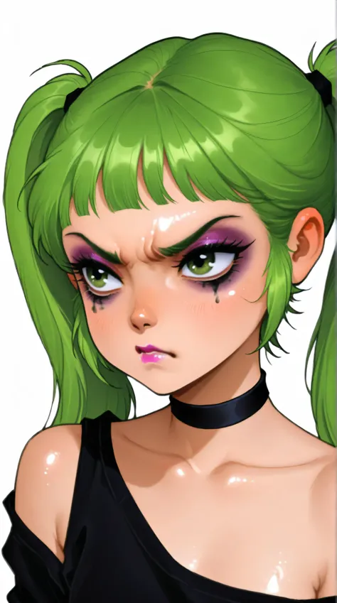 young korean goth girl, snapshot aesthetic, portrait, light black, greens, blacks, and whites, chinapunk, slender, karencore, high details, kizi, clean background, white background, metallics, green hair, green eyes, annoyed, heavy makeup, shiny skin, 80s,...