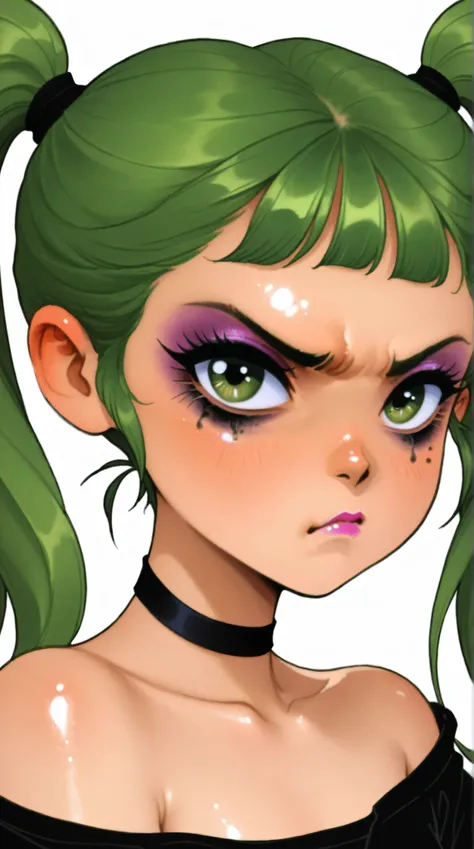 young korean goth girl, snapshot aesthetic, portrait, light black, greens, blacks, and whites, chinapunk, slender, karencore, high details, kizi, clean background, white background, metallics, green hair, green eyes, annoyed, heavy makeup, shiny skin, 80s,...