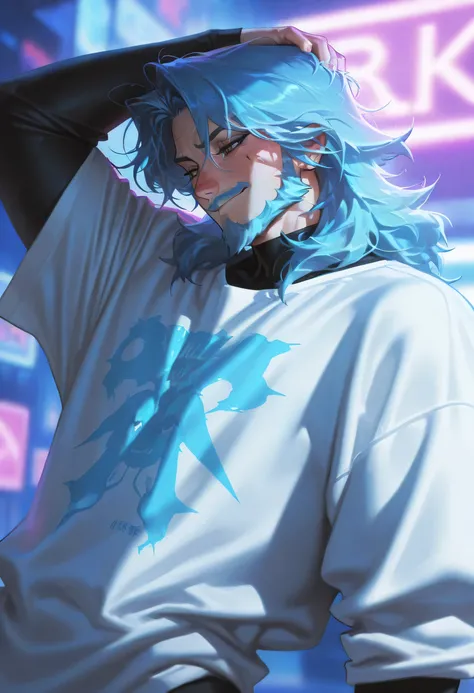 best quality, masterpiece \(quality\), L0LSPL4SH, year2024, year2023, 1male, mature male, solo, ((blue hair, blue facial hair)), (black techwear, streetwear, oversized shirt), black eyeliner, Highest quality, masterpiece, 8K, japanese style, male, mature, ...