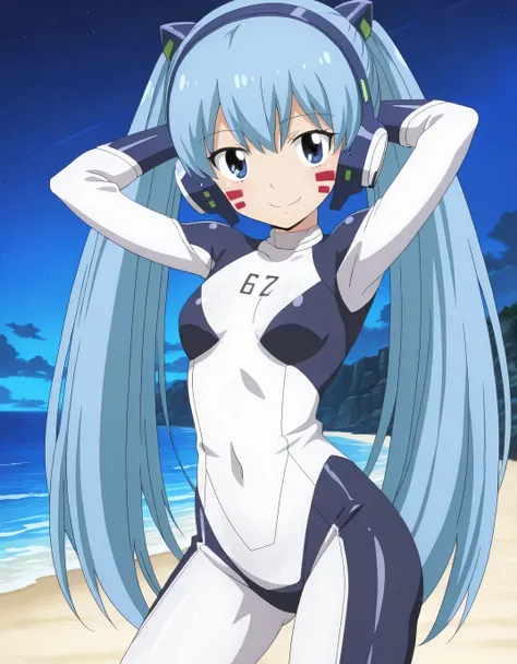 hermitmio, robot, long hair, twintails, blue hair, hair betwwen eyes, blue eyes, facial mark, small breasts, headphones, body suit, anime screencap, shiny skin, solo, night sky, beach, hands behind head, ((contrapposto)), closed mouth, cowboy shot, lookin...