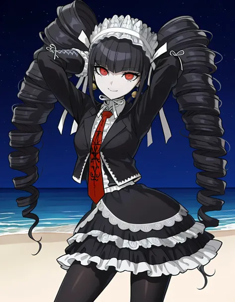 celestia ludenberg, game screencap, masterpiece, amazing quality, 
long hair, twintails, twin drills, drill hair, bangs, black hair, red eyes, skirt, shirt, long sleeves, jewelry,, jacket, pantyhose, earrings, frills, necktie, black skirt, nail polish, bla...