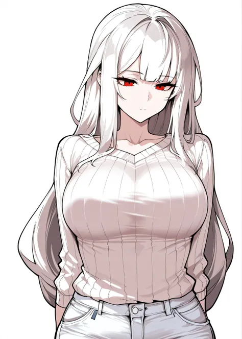 masterpiece, best quality, high contrast, masterpiece, best quality, high quality, perfect anatomi, 1girl,skadi (arknights), breast, white hair, blunt bangs, long hair, white sweater, white jeans, white background,