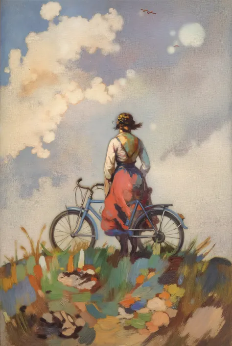A young rural brunette woman wearing a woman's hat and a red pink dirty dress and white top, standing next to and holding a vintage blue bicycle at the top of a grassy vineyard hill field. Her face is undefined, hidden by her hair in the wind. During the y...