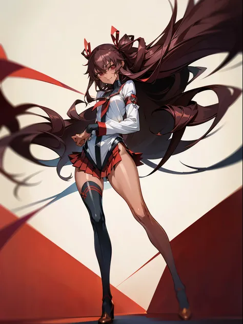 (best quality、masterpiece:1.2), female 1 person、 yukikaze, (Brown Skin Women) Slender Woman、(Black high leg、black knee-high), Brown Long Hair、Red Eyes、red ribbon、red skirt、 (( Malicious Expression 、 's vulgar smile)) Mr..々