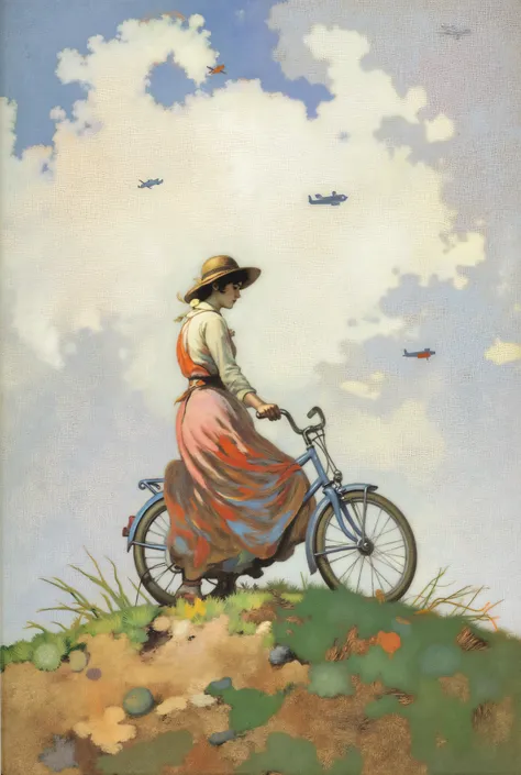 A young rural brunette woman wearing a woman's hat and a red pink dirty dress and white top, standing next to and holding a vintage blue bicycle at the top of a grassy vineyard hill field. Her face is undefined, hidden by her hair in the wind. During the y...