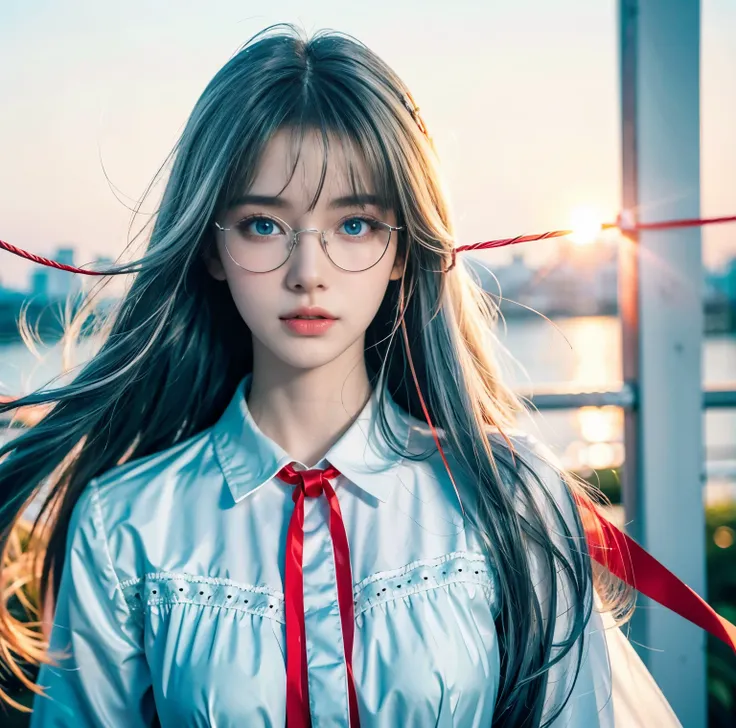 8K quality, pictures, Two beautiful men and beautiful women, Beautiful like a goddess, The backlight of the sunset is so dazzling that the characters are hazy, above chest shot at the ruins, (White blouse with red thin string ribbon tie:1.2), (Fine silver ...