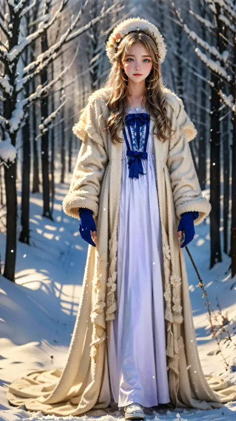 ren, Very long blond hair, blue eyes, beautiful colorful beautiful white long winter medieval dress with layers and embroidery, winter jacket, flower headwear, white gloves, white fur collar, masterpiece, better quality, NATURAL, beautiful, ish,...