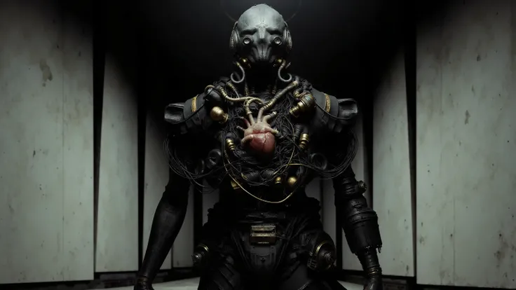 The body armor has black pipes and golden circuit textures,The image is a concept art piece that appears to be highly detailed and sharp. It showcases a humanoid figure made of intricate mechanical parts with a prominent heart visible in the center. The fi...