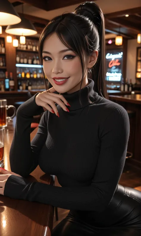 score_9, score_8_up, beautiful__asian solo girl,sitting down bar, , pov across, evening, (very tight sweater )(long skirt black) (length hair bun with ponytail), medium breasts, darkredlipstick, handunderchin listening grin , toned body, , red fingernails...