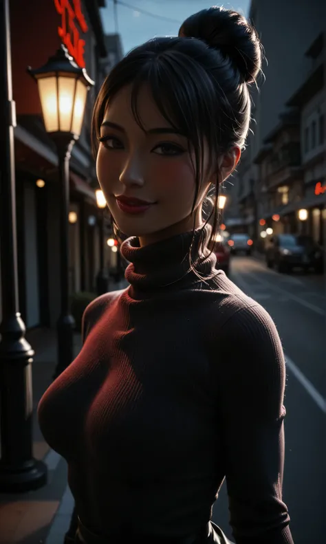 score_9, score_8_up, beautiful__asian solo girl,side view walking, street lights , pov across, evening, (very tight sweater )(long skirt black) (length hair bun with ponytail:1.1), medium breasts, darkredlipstick, appreciative blushing smile , toned body,...
