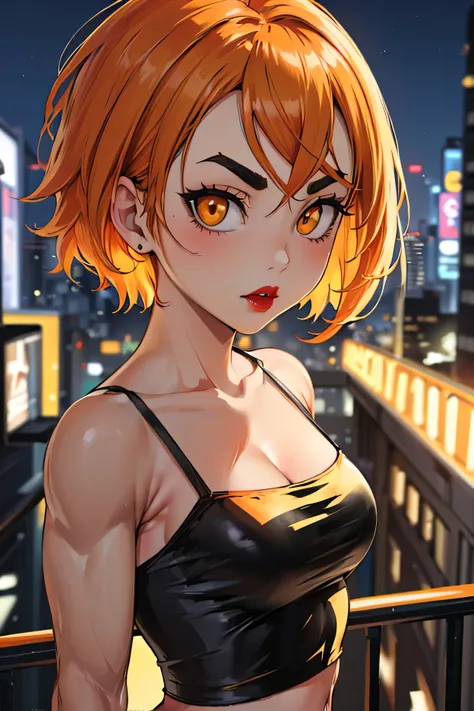 (cityscape:1.3), 1girl, ((short hair)), ((orange hair)), ((black eyebrows, thick eyebrows)), ((glowing golden eyes)), ((big eyes)), ((thick lipstick)), ((perfect face, beautiful girl)), ((muscular female)), (tube top, black tube top), from side, looking at...