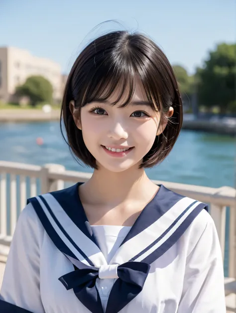 A typical normal high school girl、sailor suit、smile、short hair、black hair、Precise depiction、