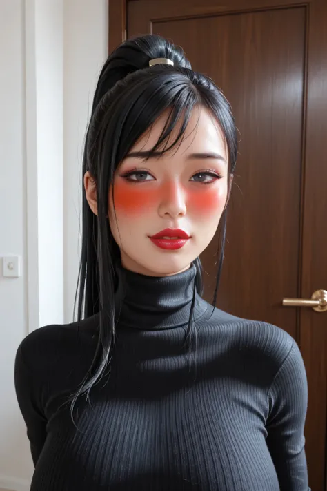 score_9, score_8_up, beautiful__asian solo girl, (darkredlipstick) apartment door, very nervous_drunk, facing viewer, very tight black sweater, (shoulder length black hair ponytail), large breasts, , , toned body, red fingernails, widehips, full lips, lon...