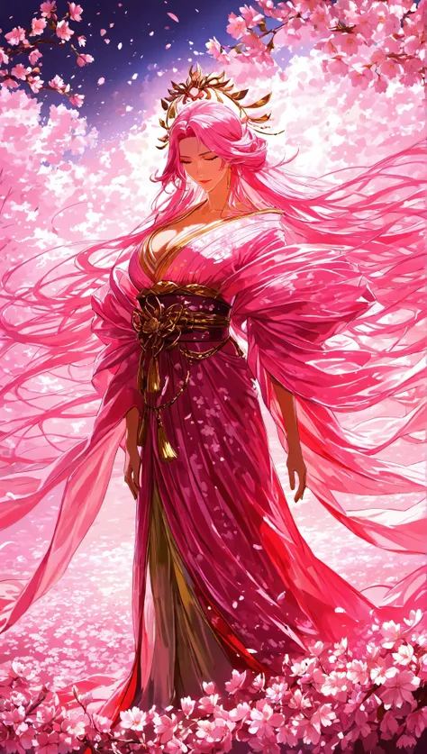 illustration , best quality , dramatic lighting , masterpiece , best quality , ultra-detailed , Cherry blossom goddess, sakura goddess, mature woman, with flowy pink hair, empress kimono, flower field background, cherry blossom trees, (super sharp focus)
