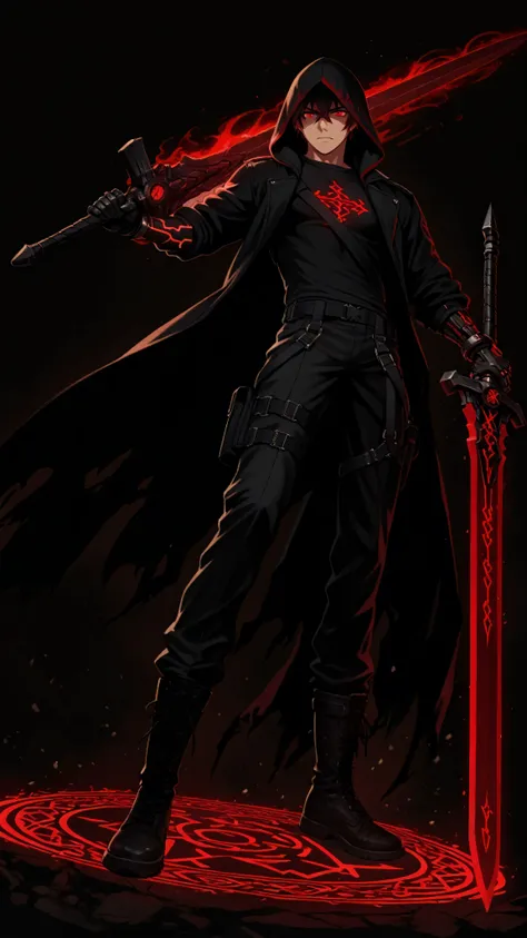 18-year-old male, dark urban fantasy style, black parka jacket with red glowing mystical kanji strips, glowing red eyes under shadowed hood, slim and athletic build, mechanical demonic right arm with gothic details, black fitted shirt with ancient runes, t...