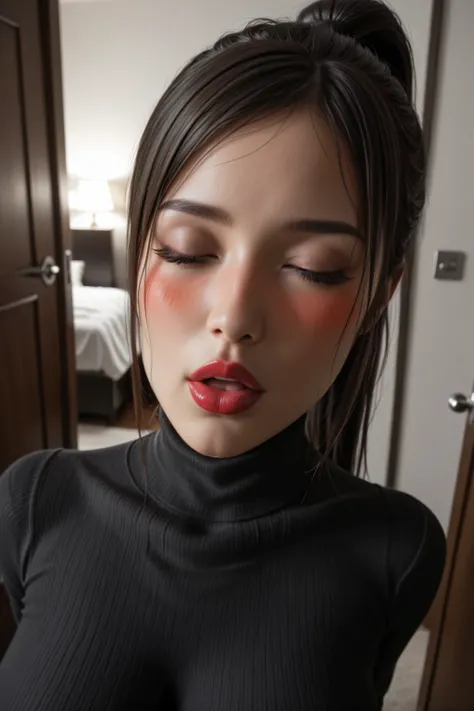 score_9, score_8_up, beautiful__asian solo girl, nighttime, (darkredlipstick), thin face, apartment door,eyes closed, leaning in for a kiss mouth open, very tight black sweater, erect nipples(shoulder length black hair ponytail), large breasts, , , toned...