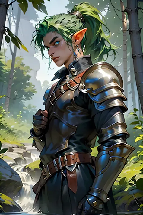 High Quality, hd, heroic pose, male fighter elf, handsome, in a forest, beside a stream , long hair, (studded leather armor), light elven armor, wolf emblem or sigil on the armor, green hair, green eyes, medium height , gray and black clothing , hair ornam...