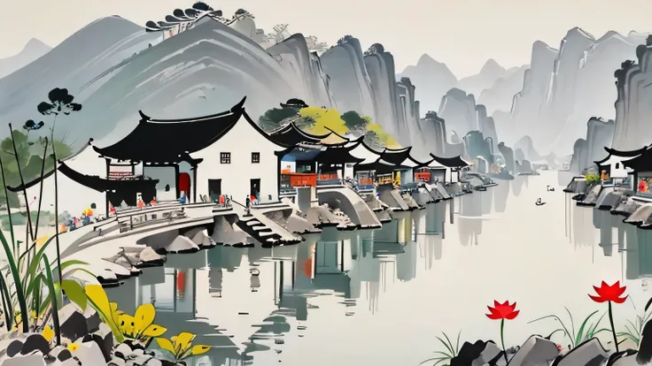 masterpiece,best quality,WuGuanZhong,house,pond,lotus,distant mountains,bamboo,high quality,
