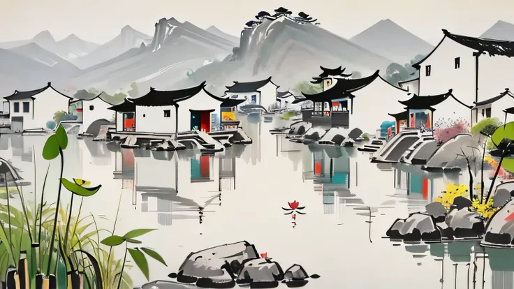 masterpiece,best quality,WuGuanZhong,house,pond,lotus,distant mountains,bamboo,high quality,